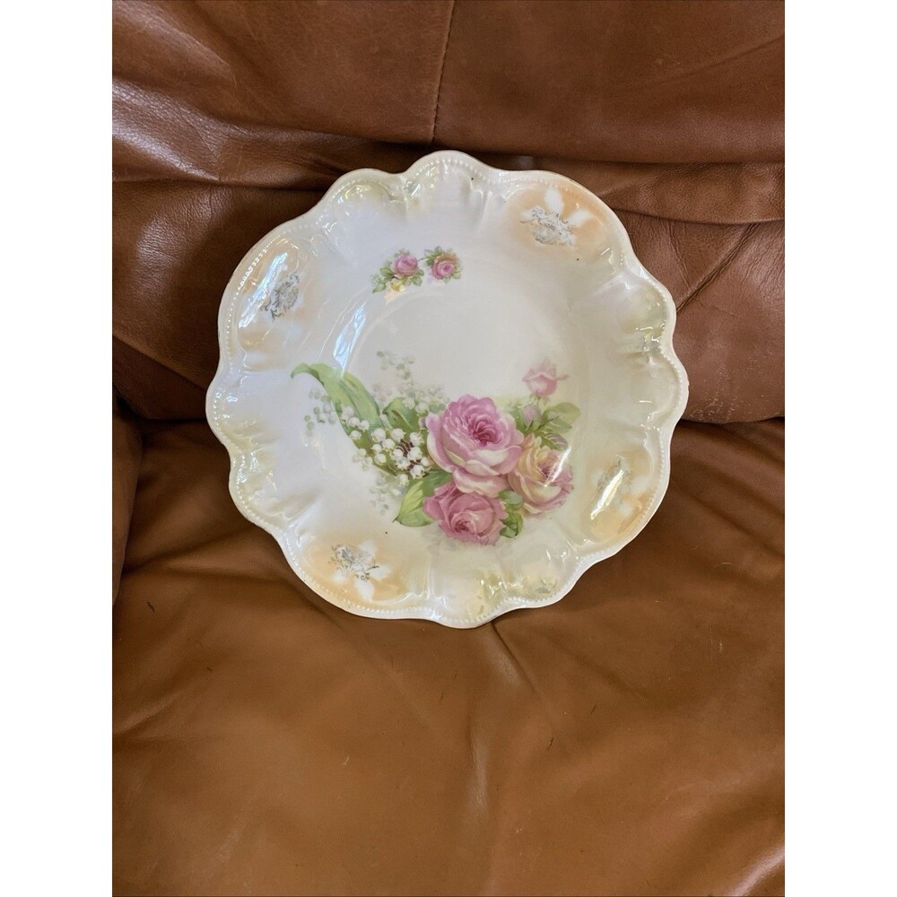 Vintage German Lusterware  Lily of the valley And Roses Bowl Roses 10"